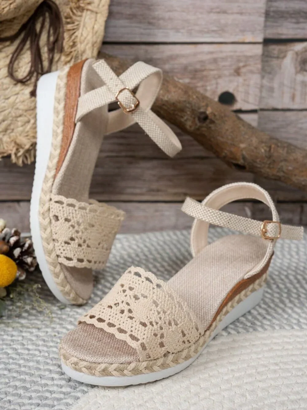 Beige Wedge Heel Women's Rope Woven Open Toe Minimalist One-Buckle Sandals